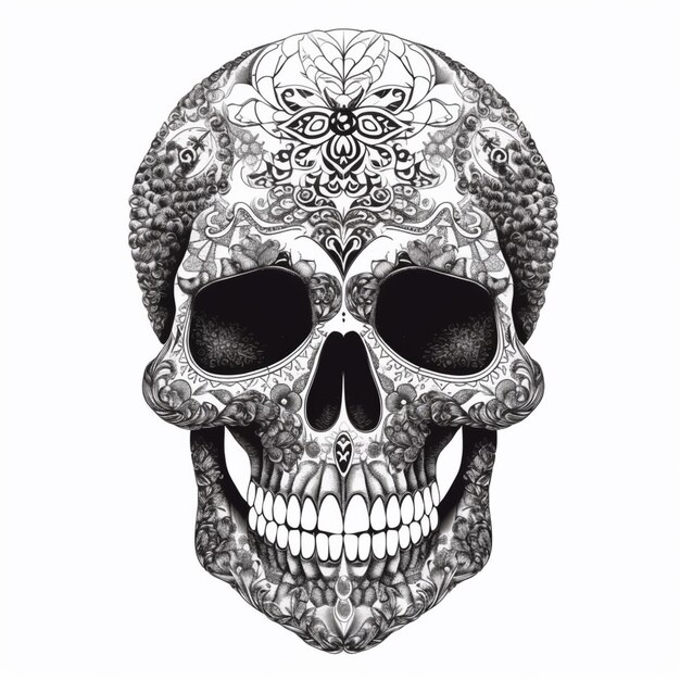 Un dibujo en blanco y negro de una calavera con un diseño floral generativo ai