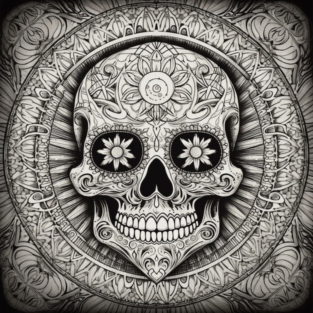 Un dibujo en blanco y negro de una calavera con un diseño floral.