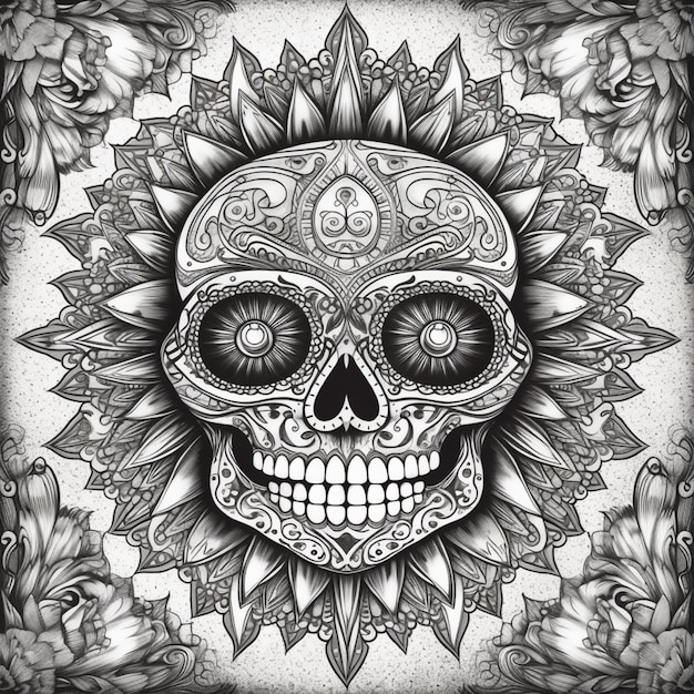 Un dibujo en blanco y negro de una calavera con diseños florales.