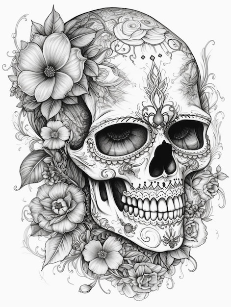 Dibujo en blanco y negro de una calavera con flores.