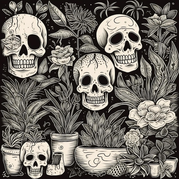 un dibujo en blanco y negro de calaveras y flores ai generativo