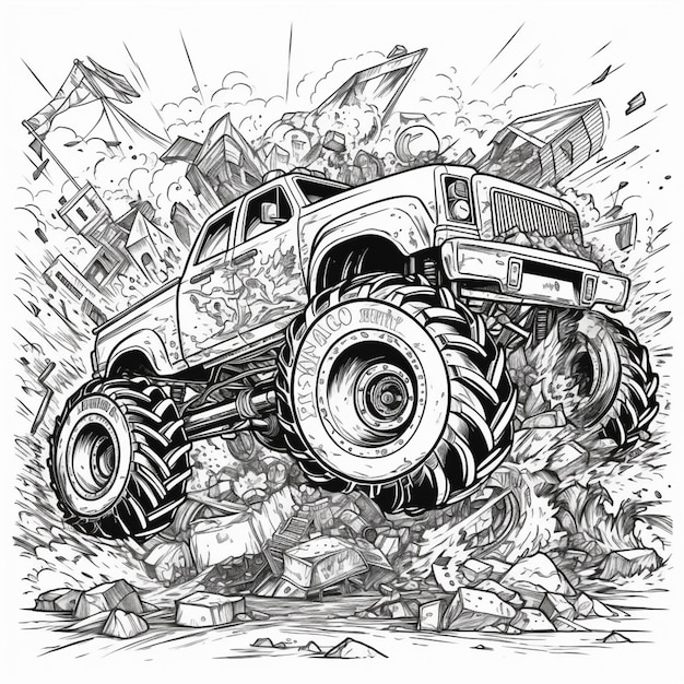 Un dibujo en blanco y negro de un camión monstruo en la suciedad generativa ai