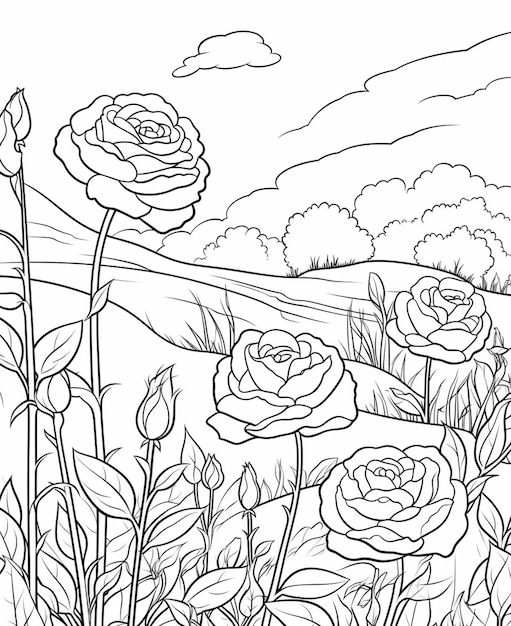 un dibujo en blanco y negro de un campo con rosas ai generativo