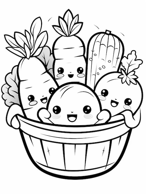 un dibujo en blanco y negro de una canasta de verduras con caras generativas ai