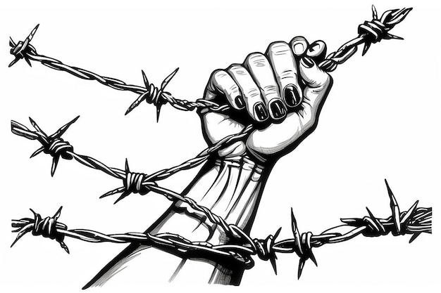 Foto el dibujo en blanco y negro de captivitys grip hand en alambre de púas