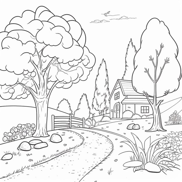 Foto un dibujo en blanco y negro de una carretera de campo con árboles y una casa generativa ai