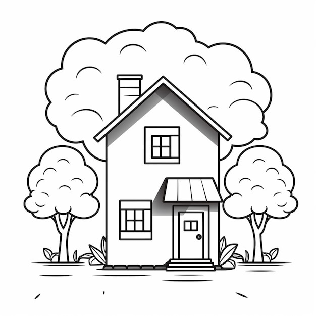 un dibujo en blanco y negro de una casa con árboles y arbustos ai generativo