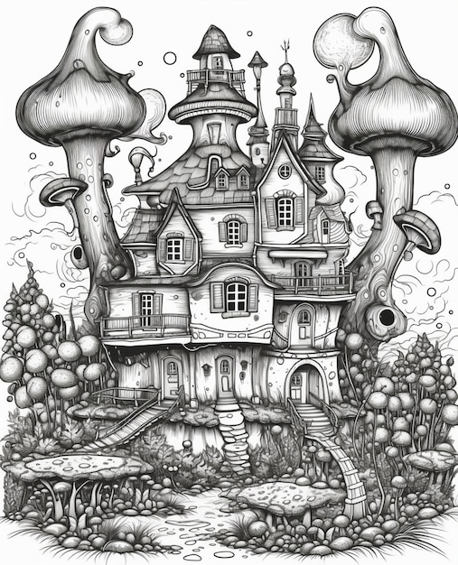 Un dibujo en blanco y negro de una casa con una casa de hongos en el frente.