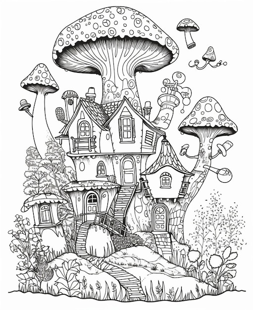 Un dibujo en blanco y negro de una casa con una casa de hongos.