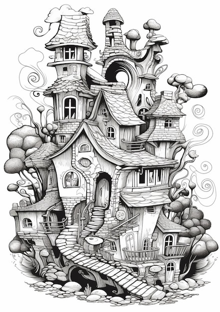 un dibujo en blanco y negro de una casa con una escalera que conduce a ella