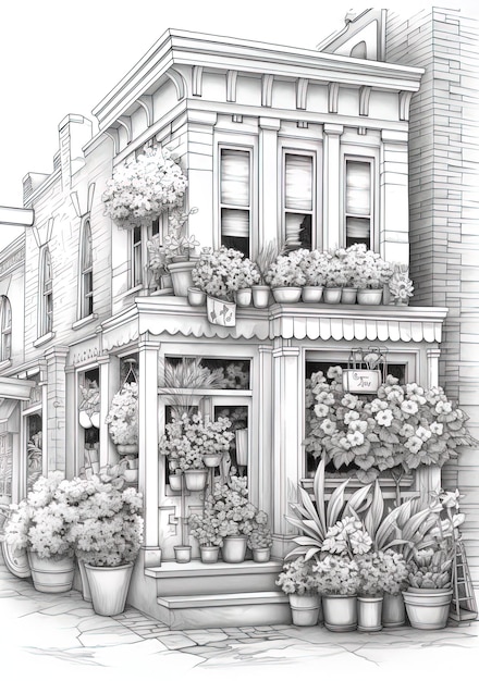 un dibujo en blanco y negro de una casa con flores en las ventanas.