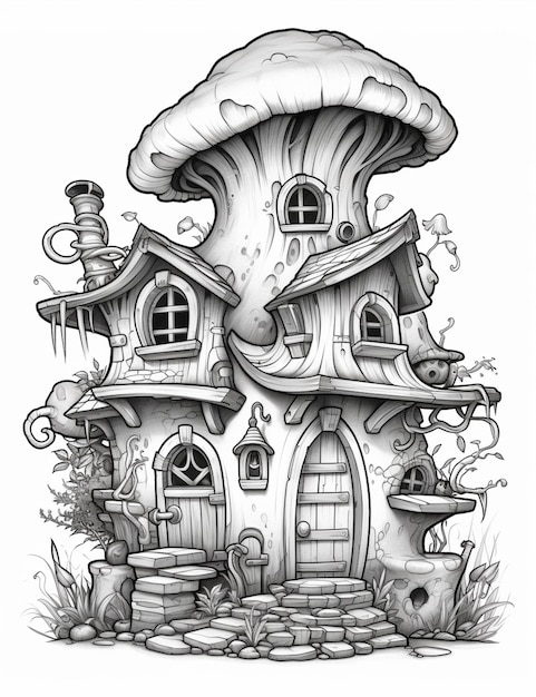 un dibujo en blanco y negro de una casa de hongos con una chimenea ai generativa