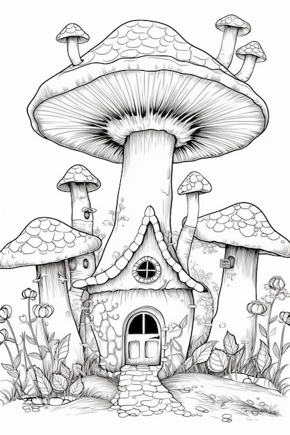 Un dibujo en blanco y negro de una casa de hongos con una puerta generativa ai