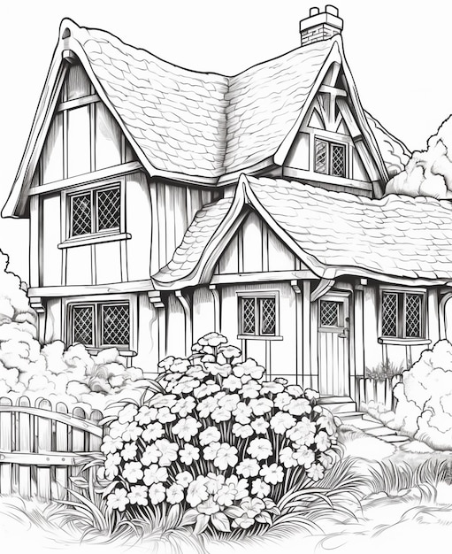 un dibujo en blanco y negro de una casa con un jardín generativo ai