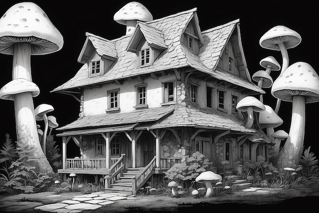 Un dibujo en blanco y negro de una casa con setas en el techo generativo ai