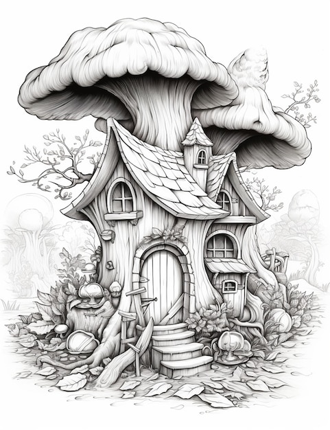 un dibujo en blanco y negro de una casa tipo hongo con una puerta ai generativa