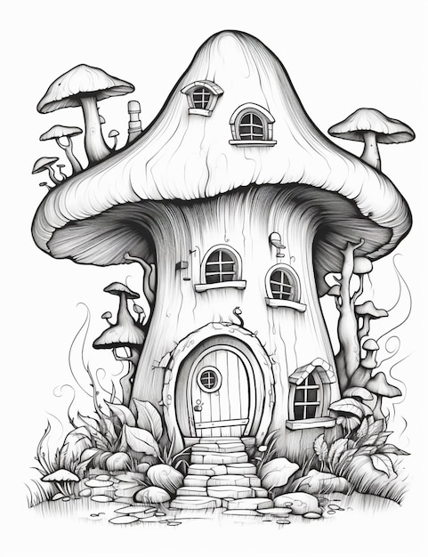 un dibujo en blanco y negro de una casa tipo hongo con una puerta ai generativa