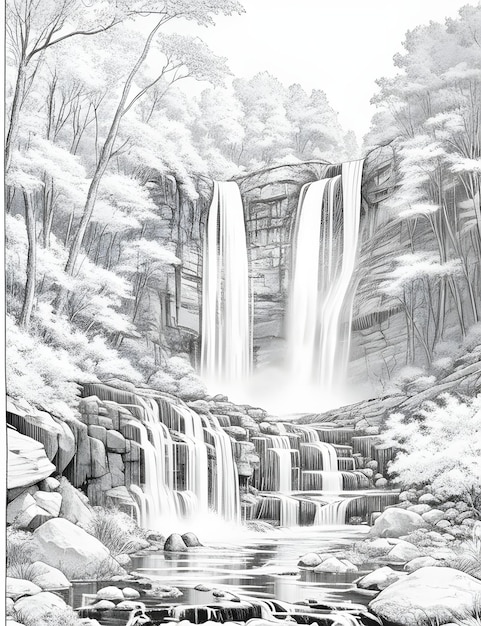 Un dibujo en blanco y negro de una cascada con árboles en el fondo para niños unicornio para colorear