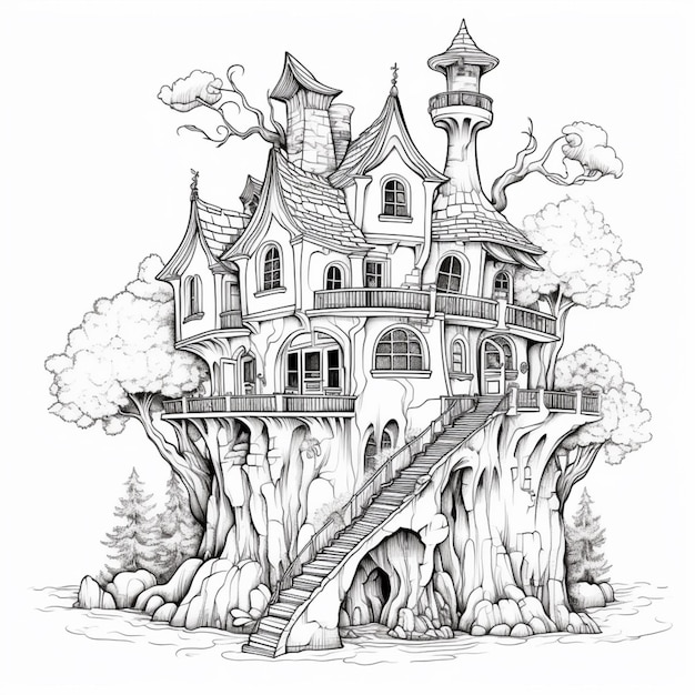 un dibujo en blanco y negro de un castillo en un acantilado generativo ai