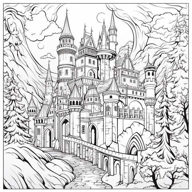 un dibujo en blanco y negro de un castillo en el bosque generativo ai