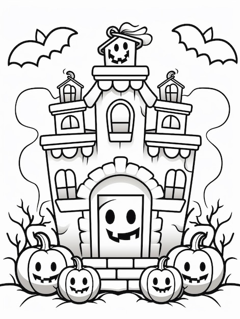 un dibujo en blanco y negro de un castillo con calabazas y murciélagos ai generativo