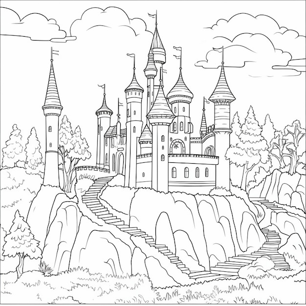 Un dibujo en blanco y negro de un castillo con un castillo en la colina.