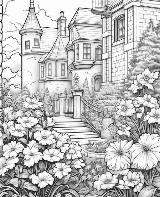 Foto un dibujo en blanco y negro de un castillo con flores en el frente generativo ai