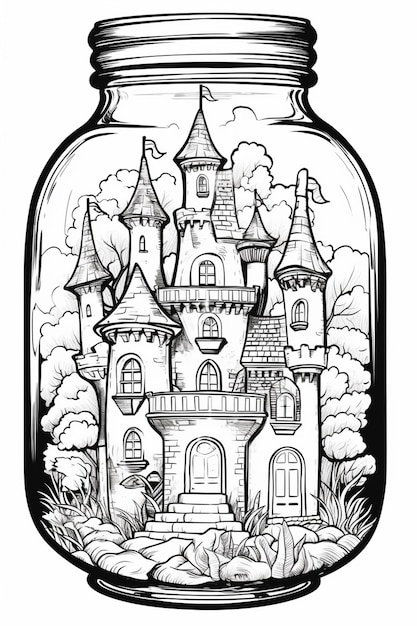 un dibujo en blanco y negro de un castillo en un frasco generativo ai