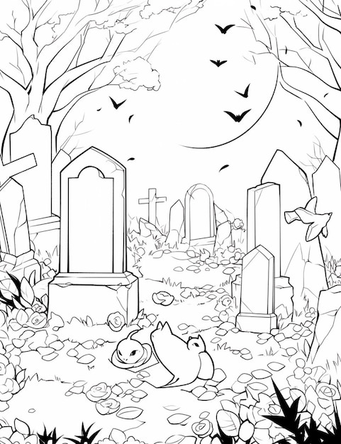 Un dibujo en blanco y negro de un cementerio con un gato y una calabaza generativa ai