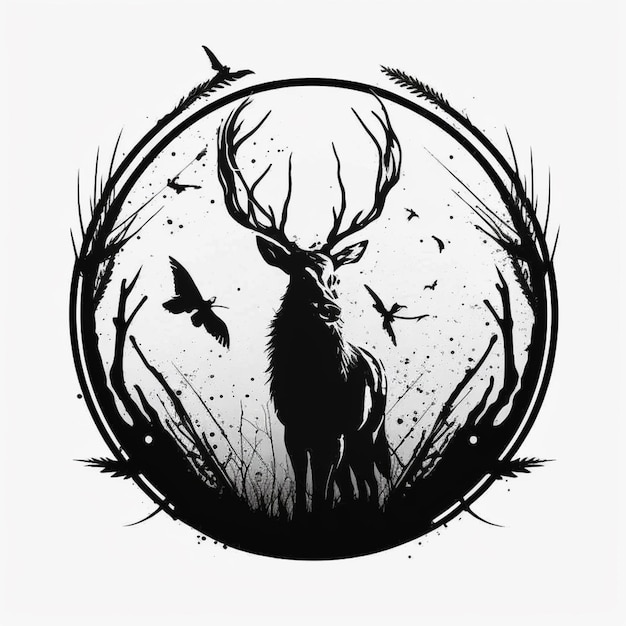 Foto un dibujo en blanco y negro de un ciervo en un bosque ai generativo