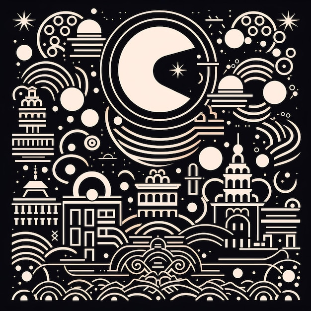 un dibujo en blanco y negro de una ciudad con luna y nubes