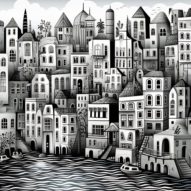 un dibujo en blanco y negro de una ciudad por persona