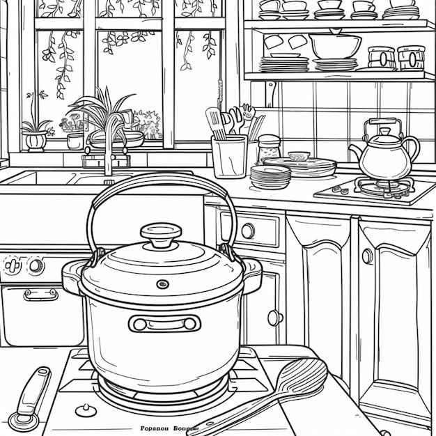 un dibujo en blanco y negro de una cocina con una olla en la estufa