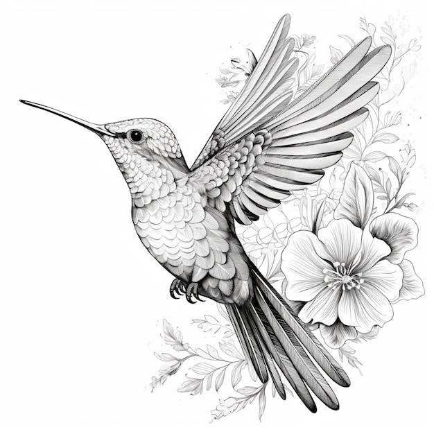 un dibujo en blanco y negro de un colibrí con flores ai generativo