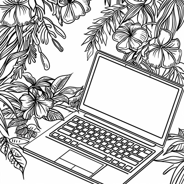 un dibujo en blanco y negro de una computadora portátil con flores y una pantalla que dice quot hibiscus quot