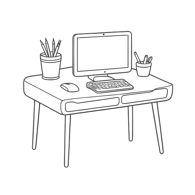 un dibujo en blanco y negro de una computadora y una taza de lápices