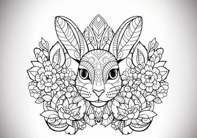 Foto un dibujo en blanco y negro de un conejo con flores ai generativo