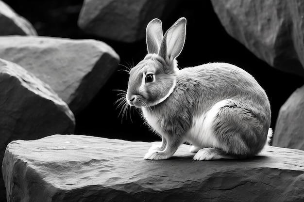 Un dibujo en blanco y negro de un conejo sentado en una roca generativa ai