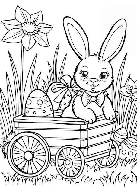 un dibujo en blanco y negro de un conejo en un vagón con huevos generativos ai