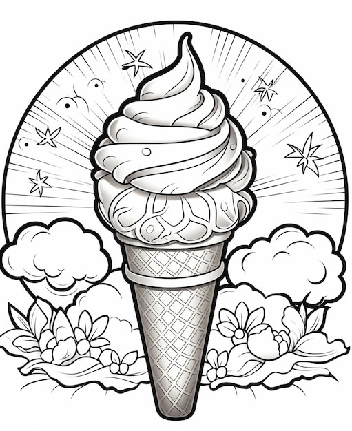 un dibujo en blanco y negro de un cono de helado con remolinos ai generativo