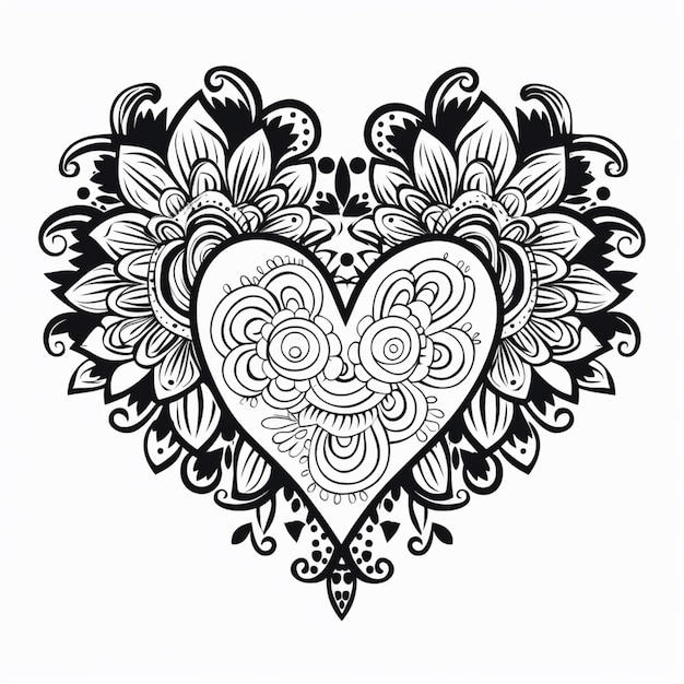 un dibujo en blanco y negro de un corazón con flores generativo ai.