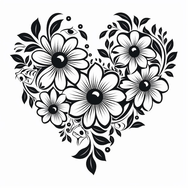 Foto un dibujo en blanco y negro de un corazón con flores generativo ai