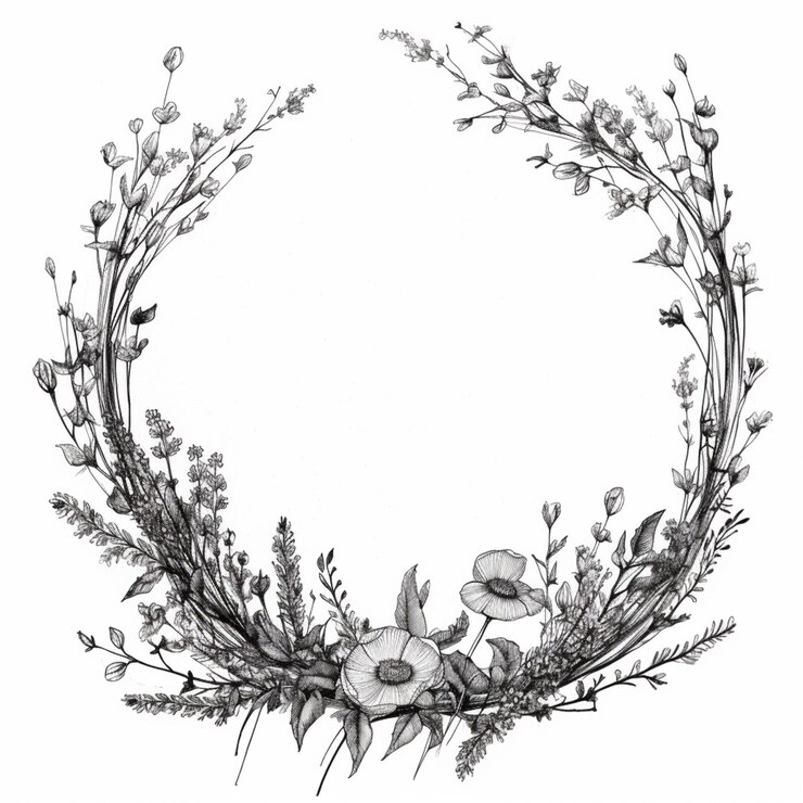 un dibujo en blanco y negro de una corona de flores ai generativo