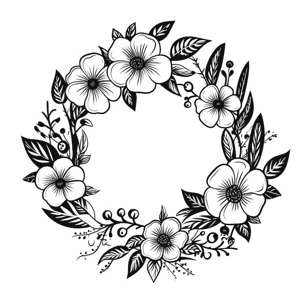un dibujo en blanco y negro de una corona con flores generativa ai