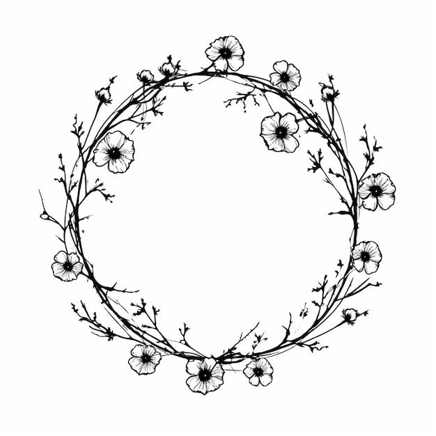 un dibujo en blanco y negro de una corona de flores generativa ai