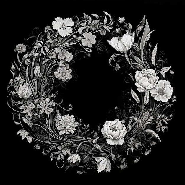 un dibujo en blanco y negro de una corona de flores sobre un fondo negro ai generativo
