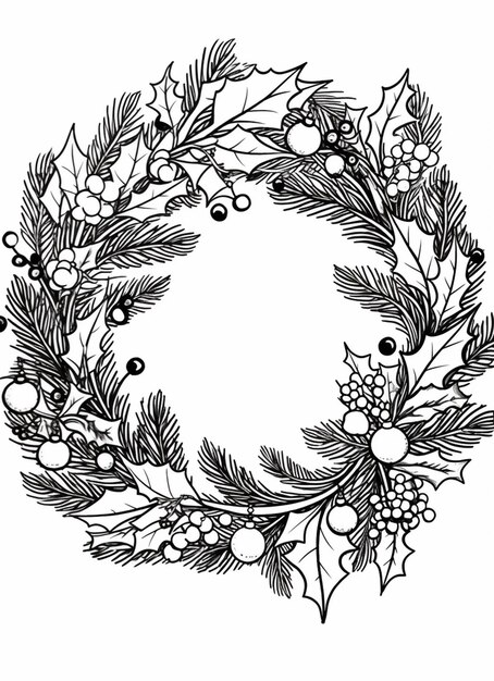 un dibujo en blanco y negro de una corona con hojas de acebo y bayas generativas ai