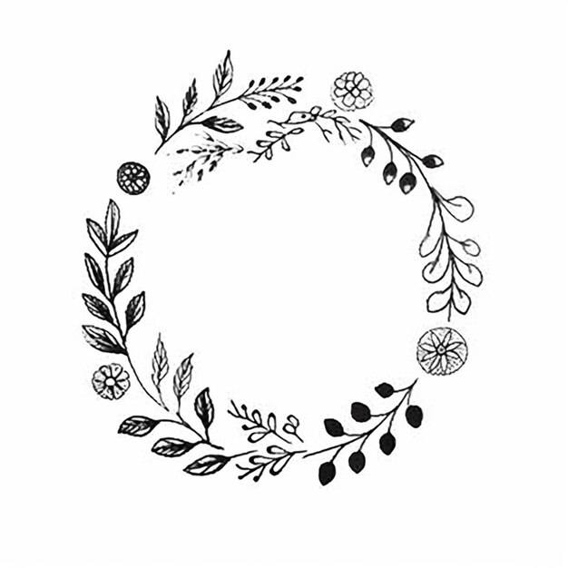 Foto un dibujo en blanco y negro de una corona con hojas y bayas ai generativo