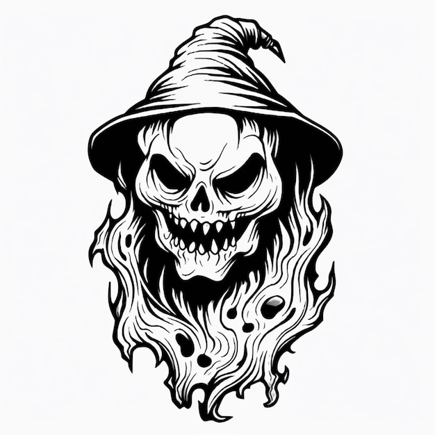 un dibujo en blanco y negro de un cráneo con un sombrero generativo ai
