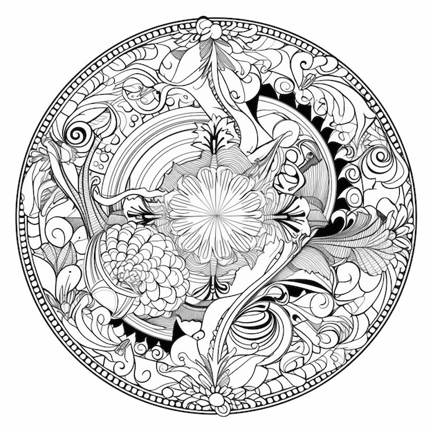 Un dibujo en blanco y negro de un diseño circular con flores generativas ai